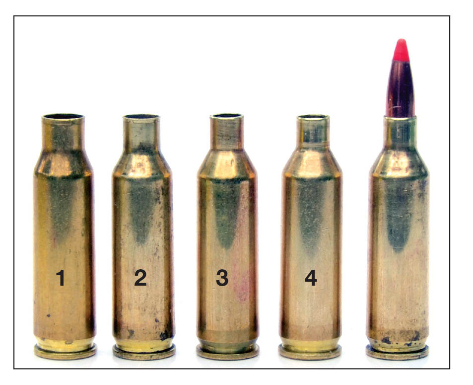 Case forming includes starting with a (1) .221 Fireball case, (2) running it into form die No. 1, a (3) form/trim die No. 2 and,  finally, a (4) full-length resizing die.